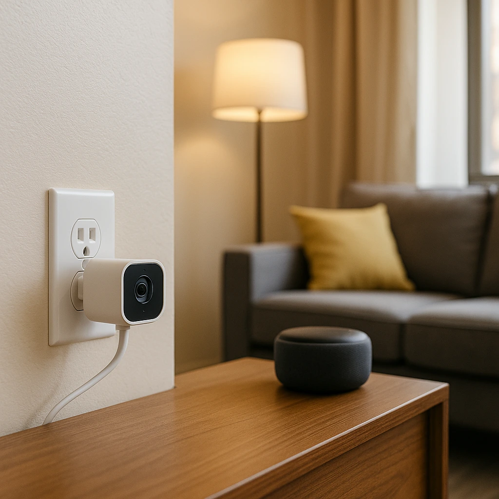 A digital security camera plugged into a wall outlet in a modern apartment living room, with a smart speaker and lamp nearby, ideal for renters.