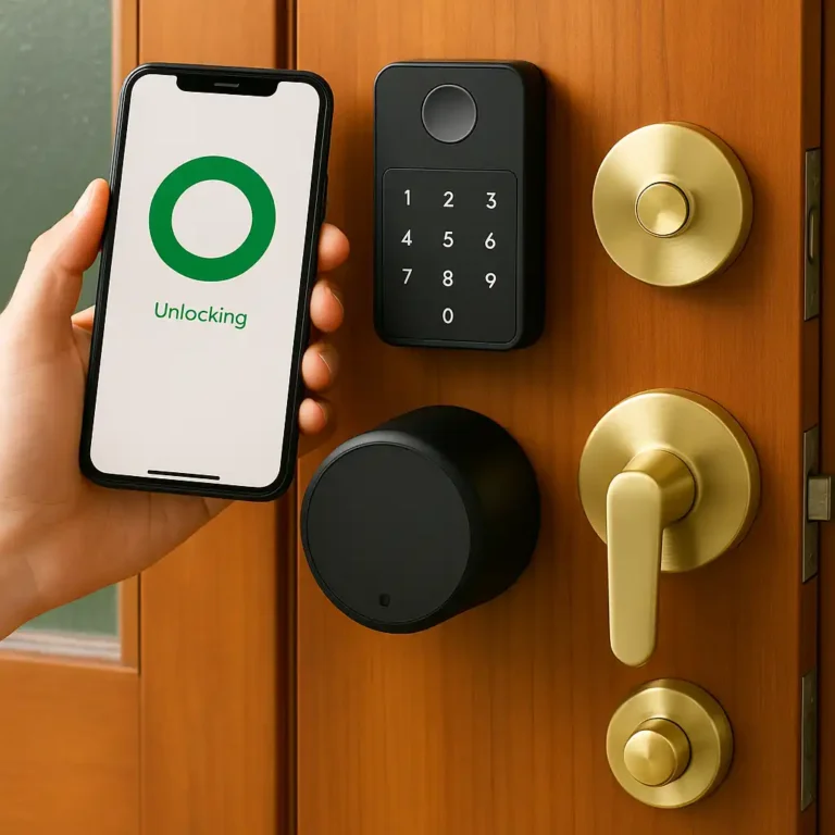 A renter-friendly smart lock installed on an apartment door, shown with a smartphone unlocking the door using a no-drill setup.