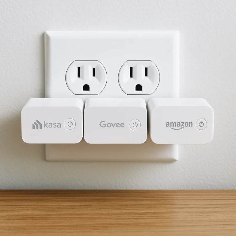 Three compact white smart plugs arranged on a clean tabletop, showcasing renter-friendly designs ideal for smart home upgrades without installation.