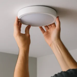 A close-up of hands installing a round wireless ceiling light onto a smooth white ceiling in a modern apartment setting.