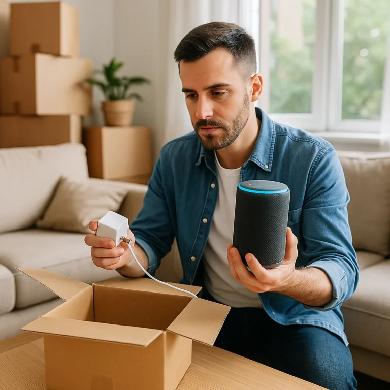 A man setting up an Amazon Echo smart speaker in a freshly unpacked living room with moving boxes around.