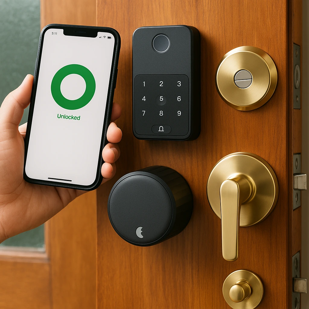 A close-up of three renter-friendly smart locks installed on a wooden apartment door, with a smartphone displaying an "Unlocked" screen via smart home app.