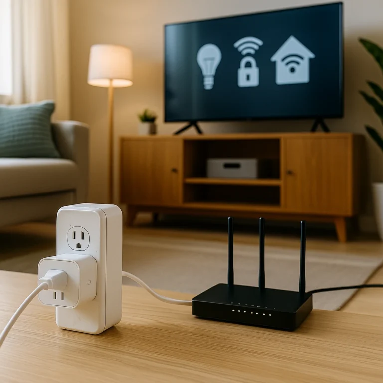 A modern living room during daylight, showing a power outlet extender and Wi-Fi router placed on a coffee table with a TV in the background displaying smart home icons, highlighting common smart apartment mistakes.