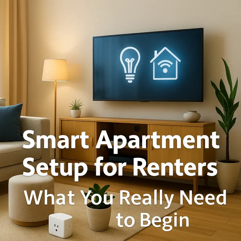 A stylish apartment living room with smart home tech, including a Wi-Fi router, smart speaker, and plug-and-play devices on a wooden shelf under a wall-mounted TV.