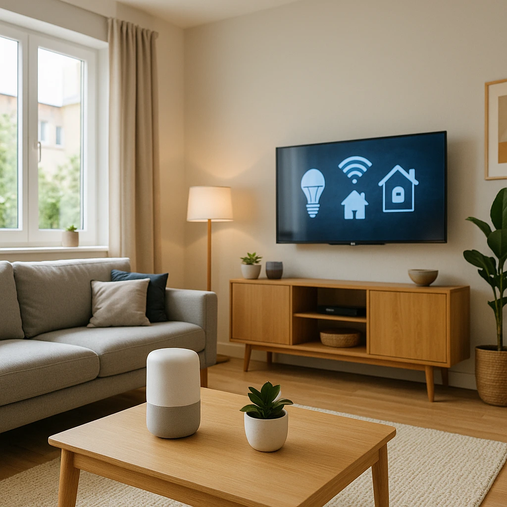 A modern smart apartment living room featuring cozy furniture, a wall-mounted smart display, and natural daylight.