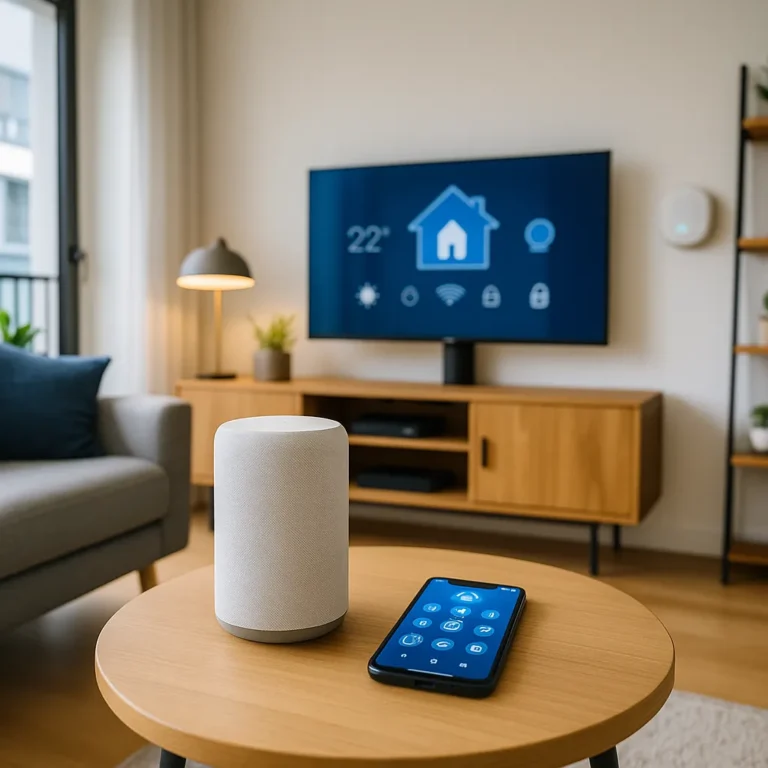 A modern apartment living room featuring smart home devices like a smart speaker on the coffee table, smart lighting, and automated window blinds, creating a tech-savvy yet cozy atmosphere.