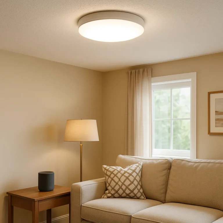 A battery-powered wireless ceiling light mounted in a cozy apartment living room, providing bright overhead lighting without any wiring or drilling.