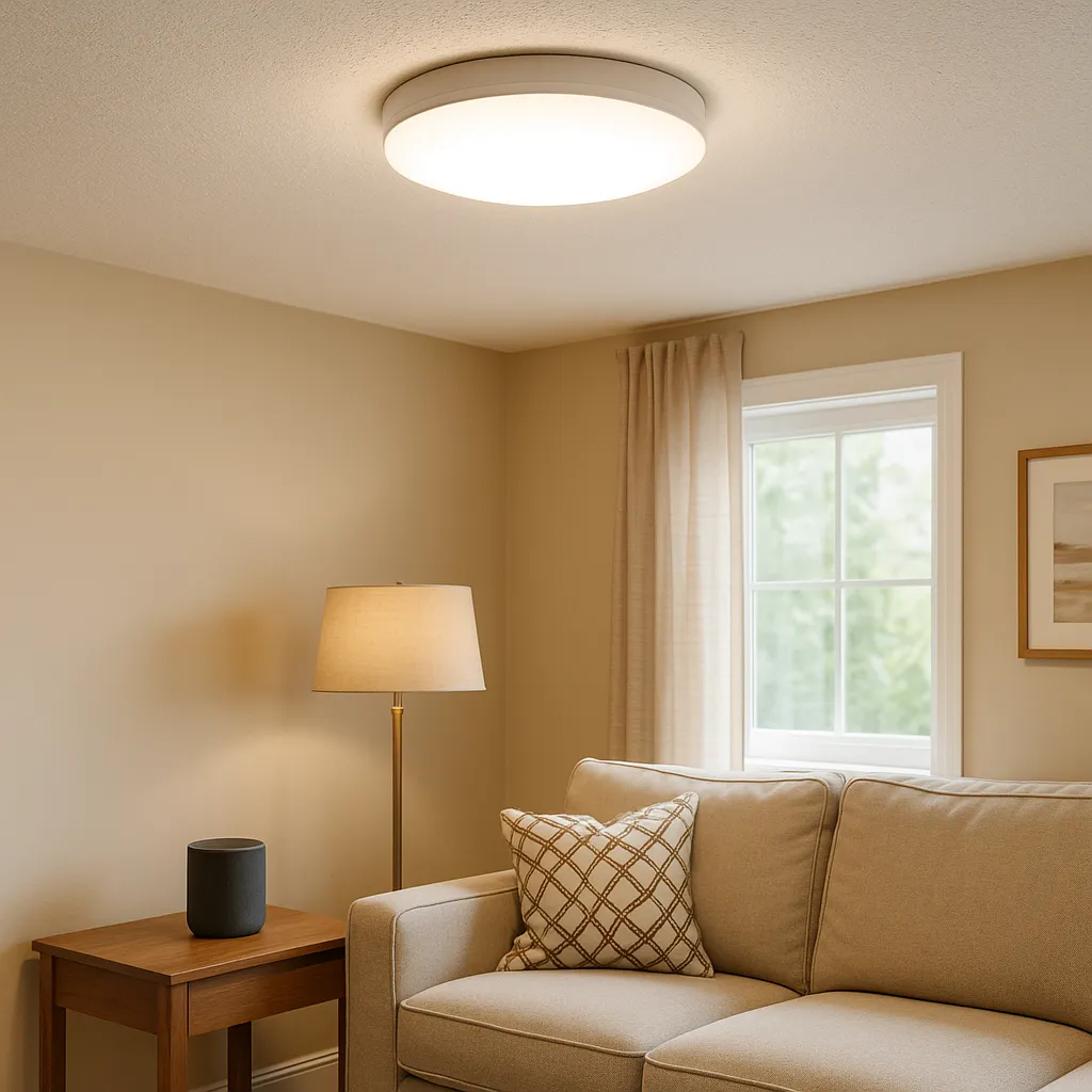 A battery-powered wireless ceiling light mounted in a cozy apartment living room, providing bright overhead lighting without any wiring or drilling.