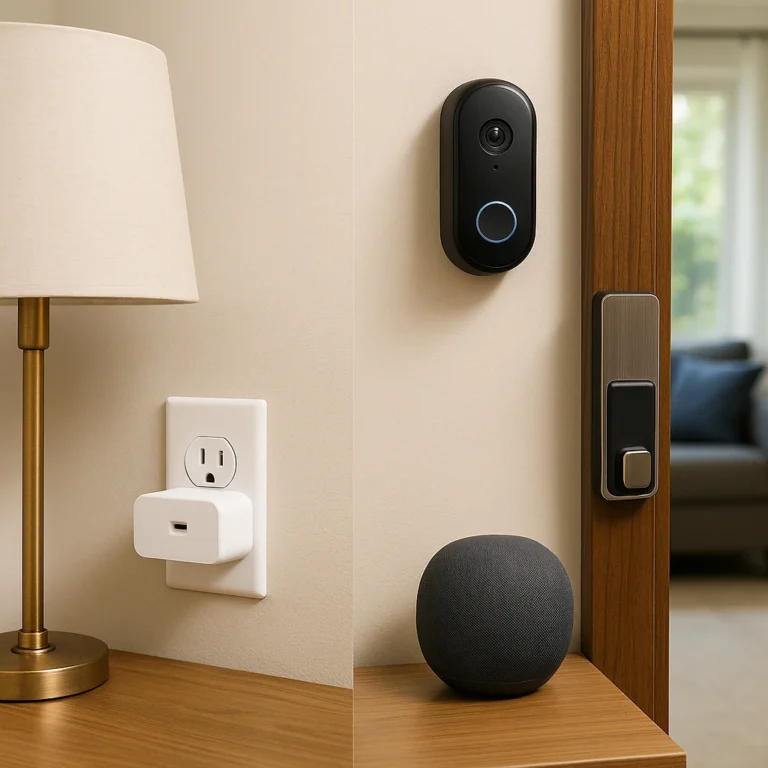 A photograph showcases smart home devices in a rental apartment, including a smart plug powering a floor lamp, a smart lock, a video doorbell, and a voice assistant speaker.