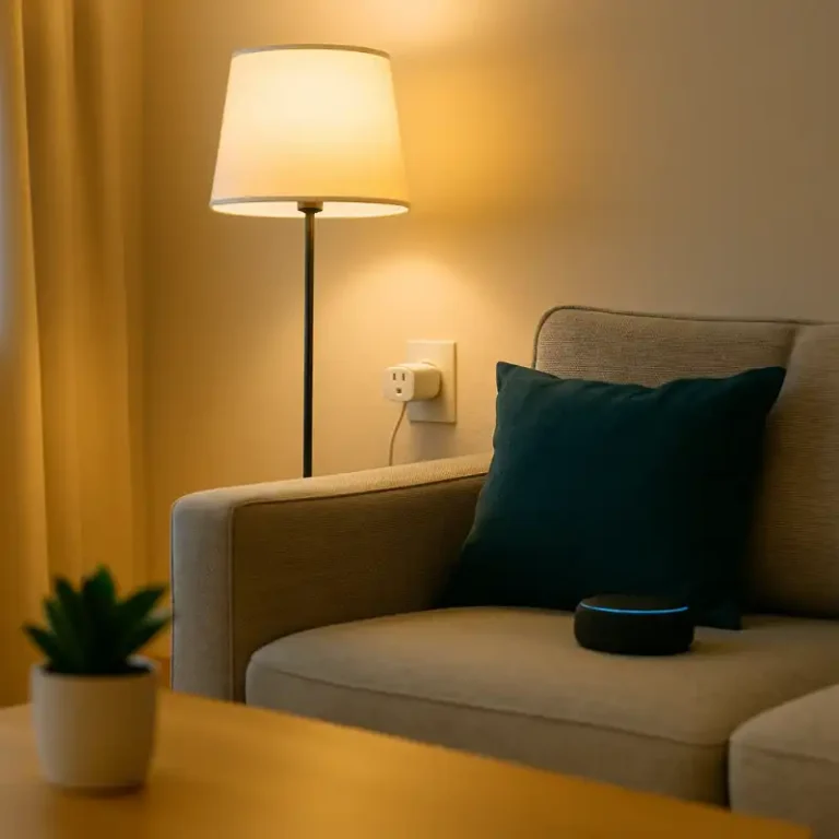 A WiFi smart plug powers a floor lamp in a small rental apartment, controlled by an Alexa device on the sofa.