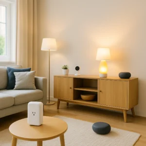 Bright modern living room in daytime with visible smart home devices, including smart lighting, speaker, and thermostat, designed for renters.