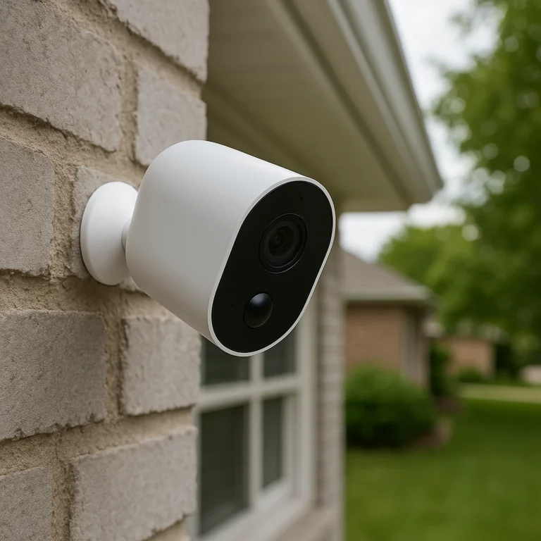 Wireless outdoor security camera mounted near a home entrance, designed for renters with no-drill installation and weather resistance