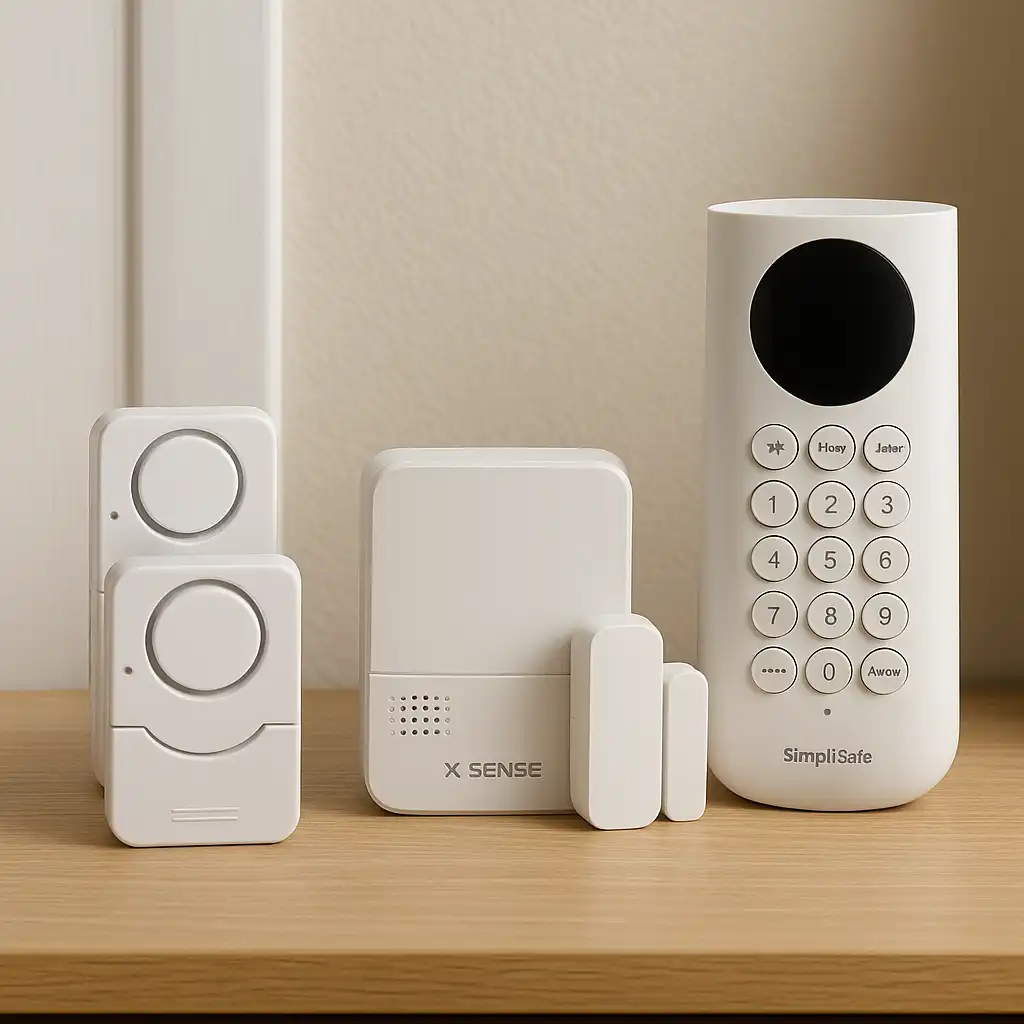 A renter-friendly apartment alarm system setup with wireless door sensors, keypad, and motion detector installed without drilling.