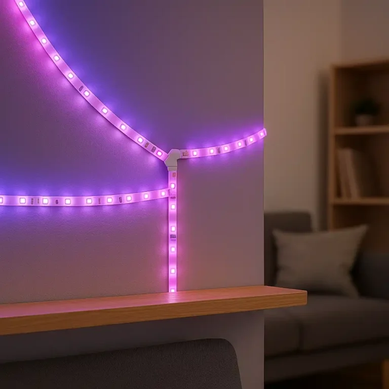 A renter-friendly LED light strip setup in an apartment living room, connected with corner connectors for flexible, non-permanent installation.