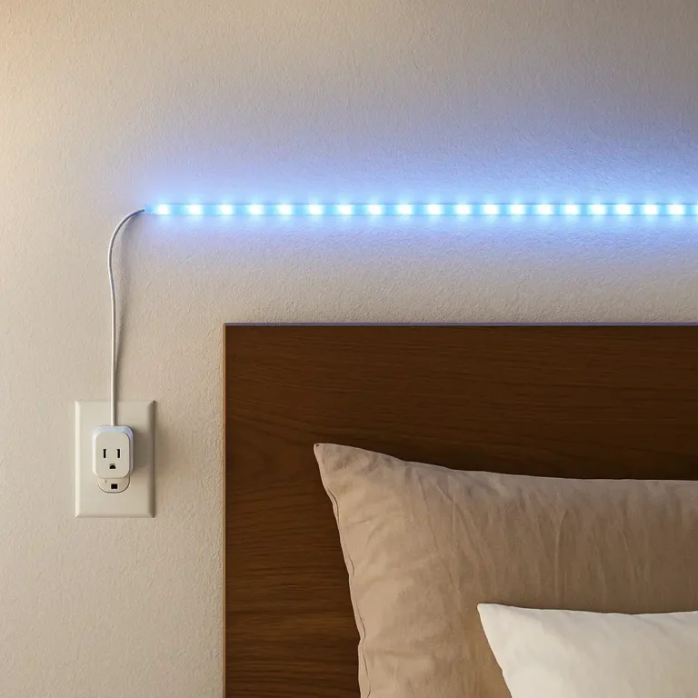 A renter-friendly LED light strip installed along a bedroom wall above a wooden headboard, plugged into a wall outlet without drilling.