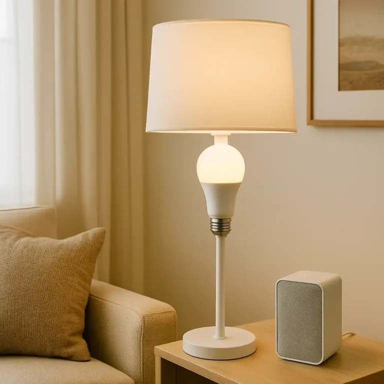 A renter-friendly smart light bulb glowing in a modern floor lamp placed beside a sofa in an apartment living room, showing safe and simple installation without drilling.