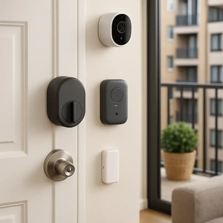 A renter-friendly apartment entryway with a smart lock, wireless security camera, contact sensor, and alarm device installed without drilling.