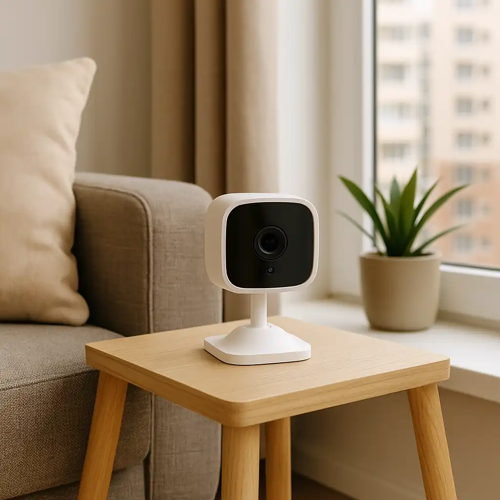 A renter-friendly indoor security camera placed on a shelf in an apartment living room, offering easy setup without drilling.