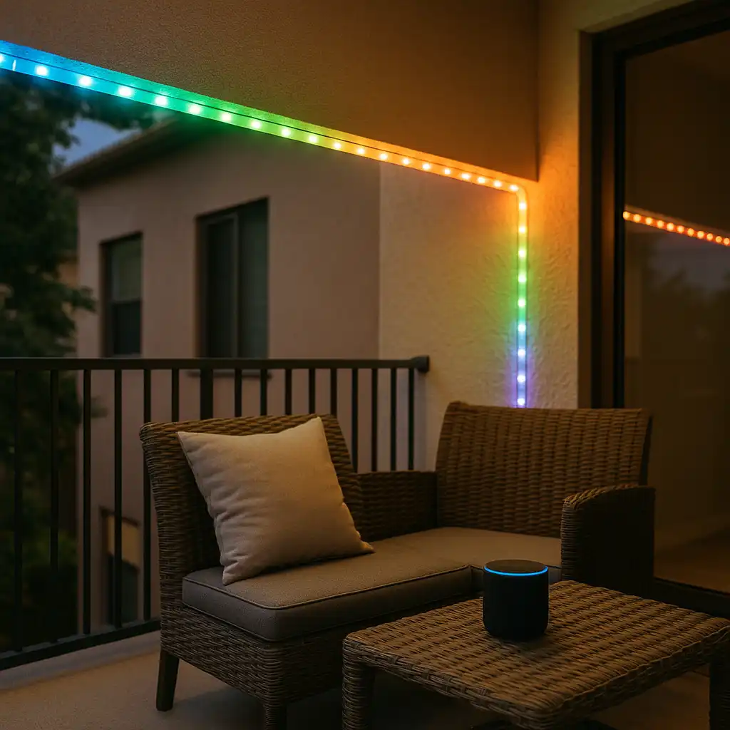 A renter-friendly outdoor LED strip light installed along a balcony ceiling, casting colorful light above a small rattan seating area with a smart speaker on the table.