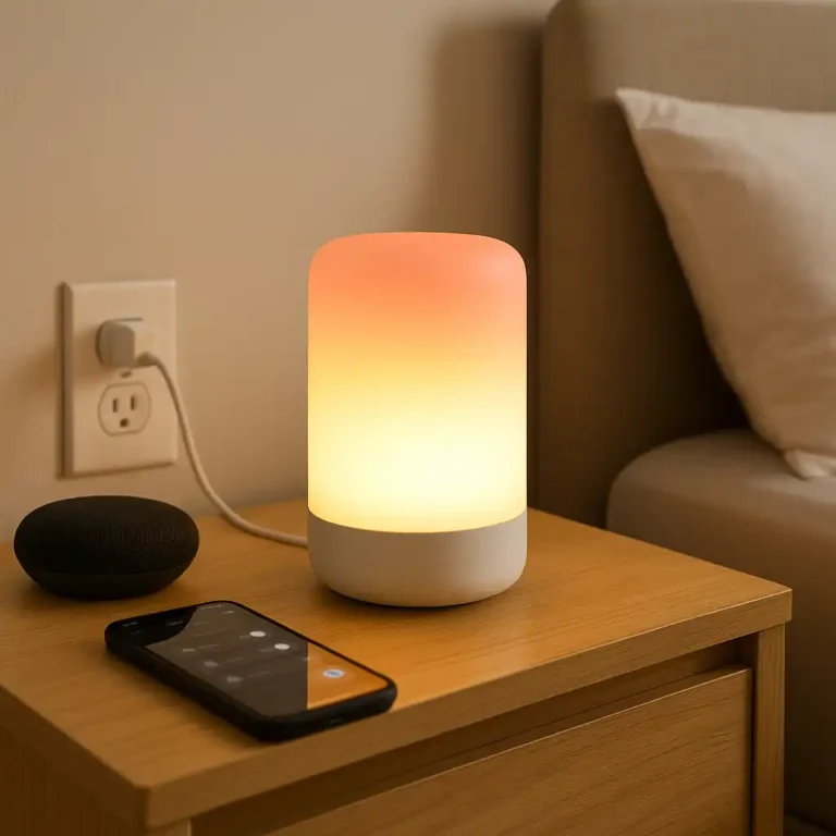 A renter-friendly smart bedside lamp on a wooden nightstand, glowing with warm light, next to a smartphone and smart speaker in a cozy bedroom.