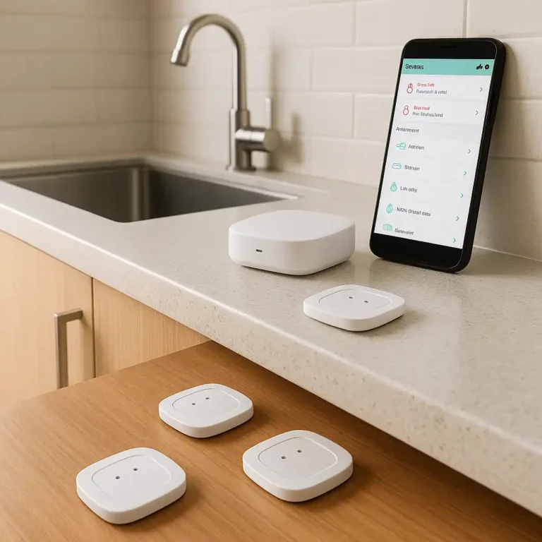 A high-resolution photo of a smart water leak detector system in a renter-friendly kitchen, with a hub on the counter, sensors on the floor, and a smartphone app showing leak alerts.