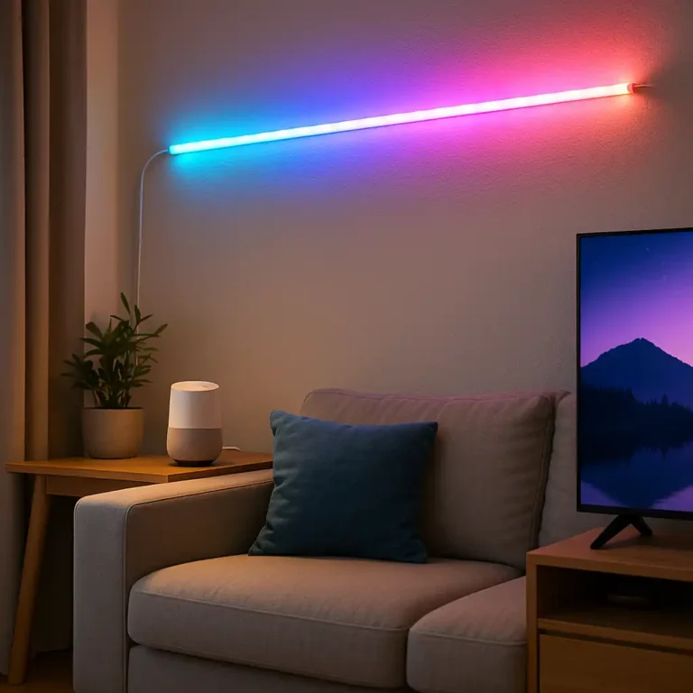 A renter-friendly smart LED light strip installed along the living room wall, casting colorful light without drilling in a modern apartment.