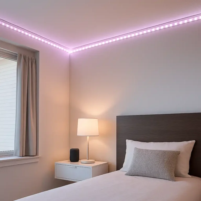 A renter-friendly smart LED strip light installed along a bedroom ceiling edge, casting a soft glow without damaging walls or paint.