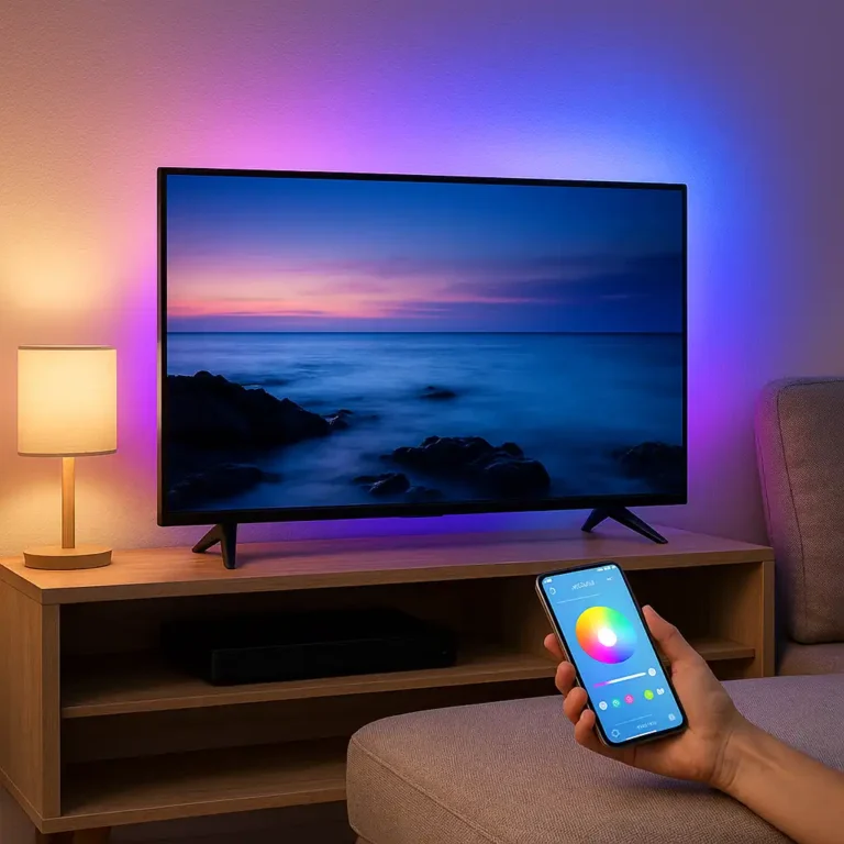 A renter-friendly smart LED strip light installed behind a flat-screen TV in an apartment living room, controlled by a smartphone app.