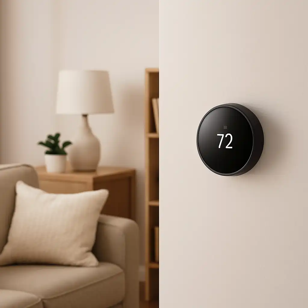 Renter-friendly smart thermostat mounted on an apartment wall with a clean, modern living room background.