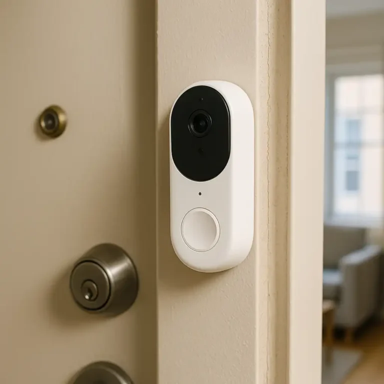 A renter-friendly wireless smart doorbell camera installed outside an apartment entryway without drilling.
