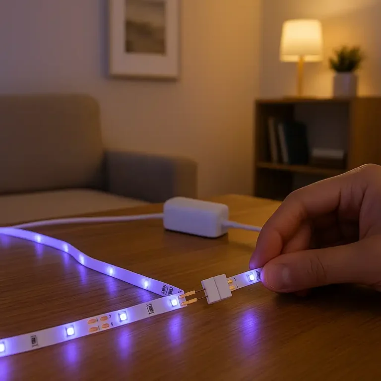 A renter-friendly setup showing LED light strips being connected together on a wooden table in an apartment living room, without drilling or permanent fixtures.