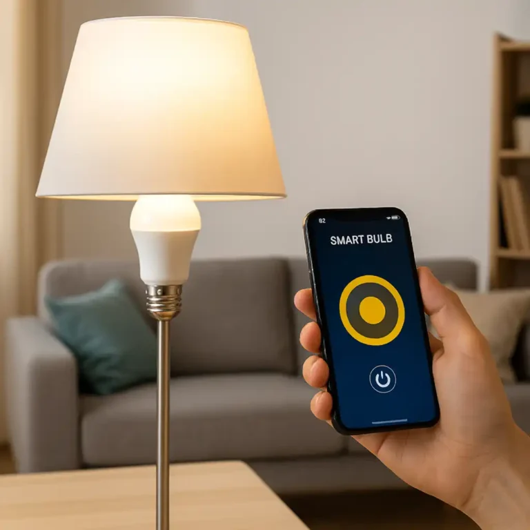 A renter-friendly smart light bulb controlled with a smartphone in an apartment living room, showing a modern lamp setup without drilling.