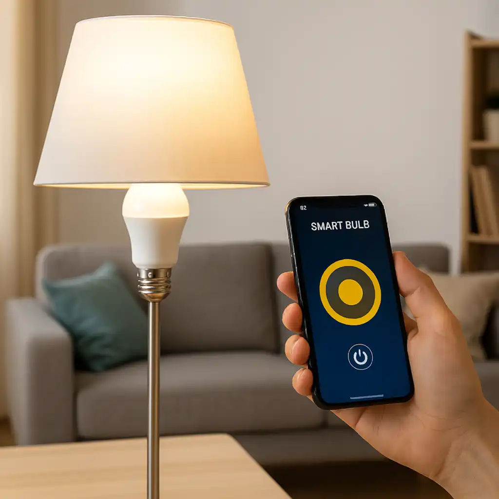 A renter-friendly smart light bulb controlled with a smartphone in an apartment living room, showing a modern lamp setup without drilling.