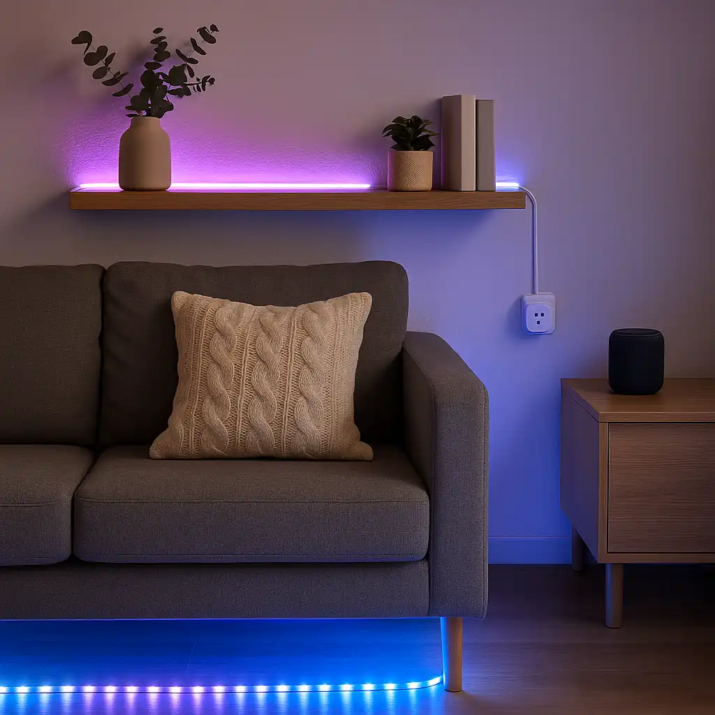 A renter-friendly LED strip light setup in an apartment living room, installed under a sofa and floating shelf to create ambient lighting without drilling.