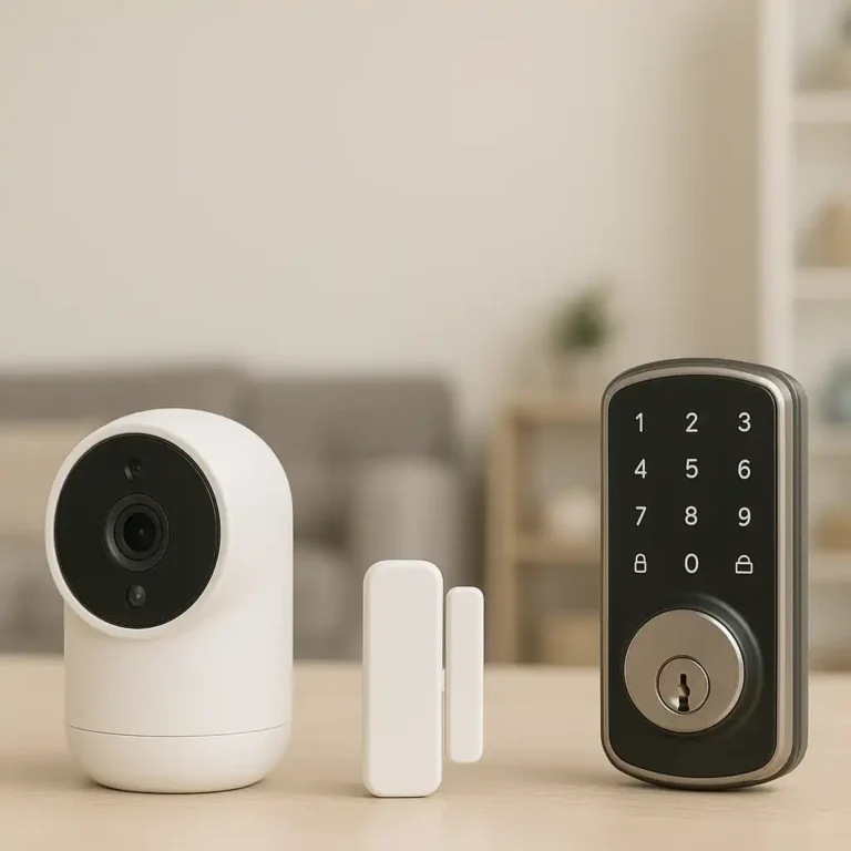 Smart home security setup with a wireless camera, window alarm sensor, and smart door lock on a wooden table in a modern living room.