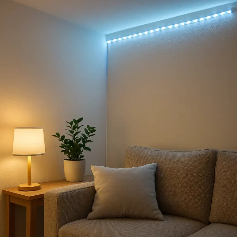 “A renter-friendly LED light strip glowing along the top corner of an apartment wall above a sofa, creating ambient lighting without drilling.