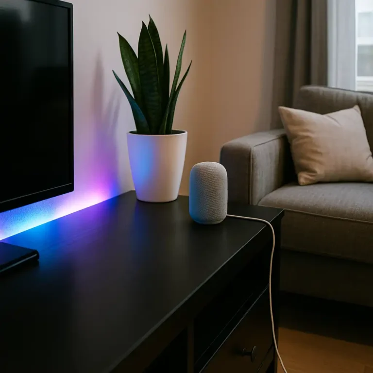 Renter-friendly smart LED light strips installed behind a TV console in an apartment living room, creating ambient lighting without drilling.