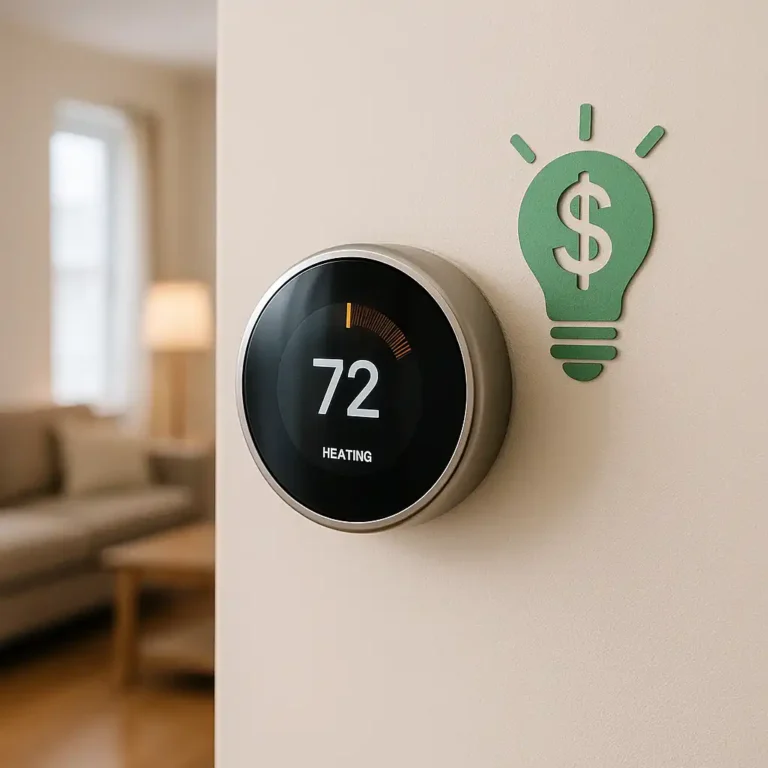 A renter-friendly smart thermostat mounted on an apartment wall with a green dollar sign lightbulb symbol representing energy savings.
