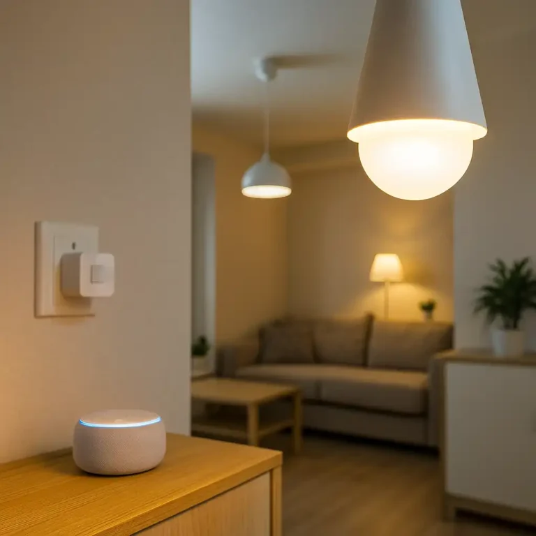 A renter-friendly smart light bulb and plug paired with a smart speaker in an apartment living room, creating energy-efficient lighting without permanent installation.