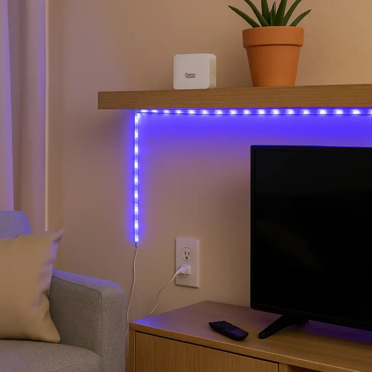 A renter-friendly LED strip light installed under a floating shelf in an apartment living room, creating accent lighting without drilling.