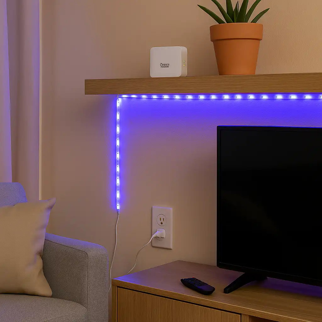 A renter-friendly LED strip light installed under a floating shelf in an apartment living room, creating accent lighting without drilling.