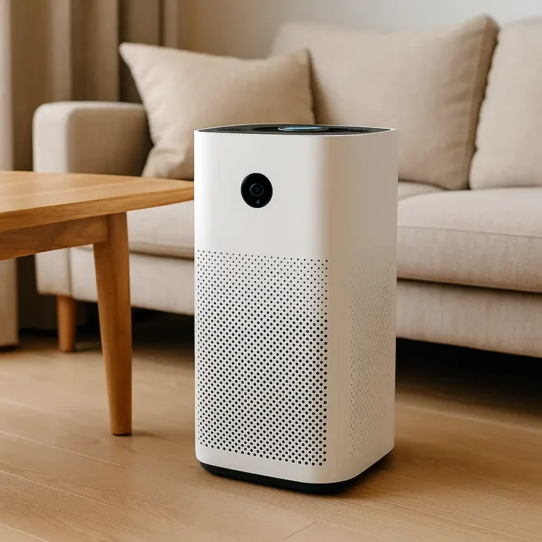 A renter-friendly apartment living room featuring a white smart air purifier beside a wooden coffee table and beige sofa, showing a clean, modern setup without permanent fixtures.