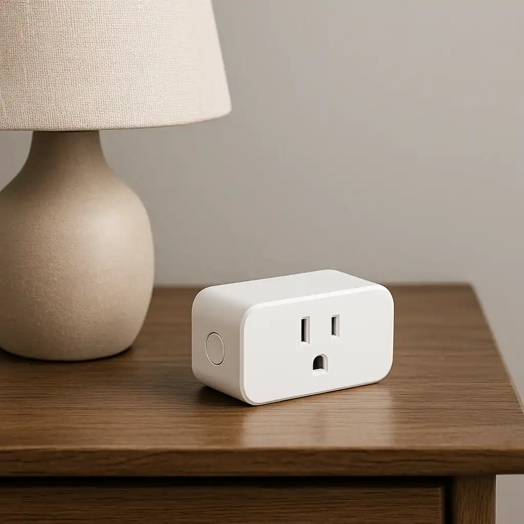 White smart plug placed on a wooden table next to a lamp, showing a renter-friendly, no-drill smart plug setup for apartment use.