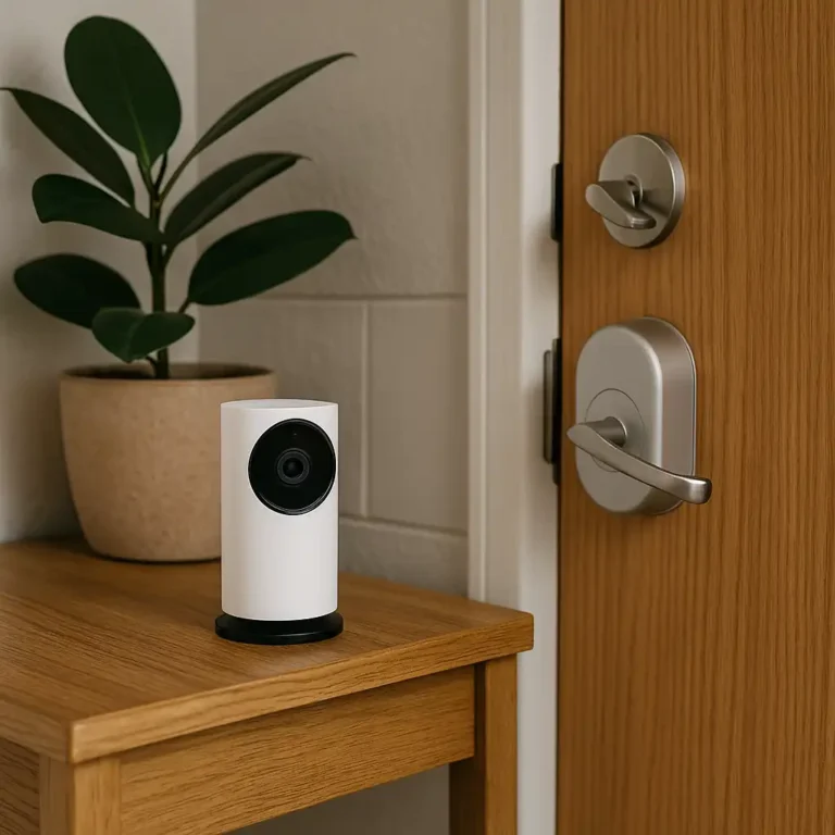 A renter-friendly indoor security camera placed on a small table near an apartment door with a smart lock, showing a no-drill home security setup.