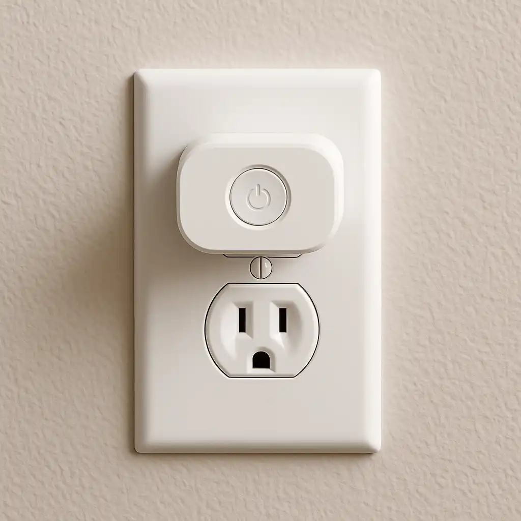 White smart plug plugged into a standard apartment wall outlet, showing a renter-friendly, non-permanent smart plug setup.