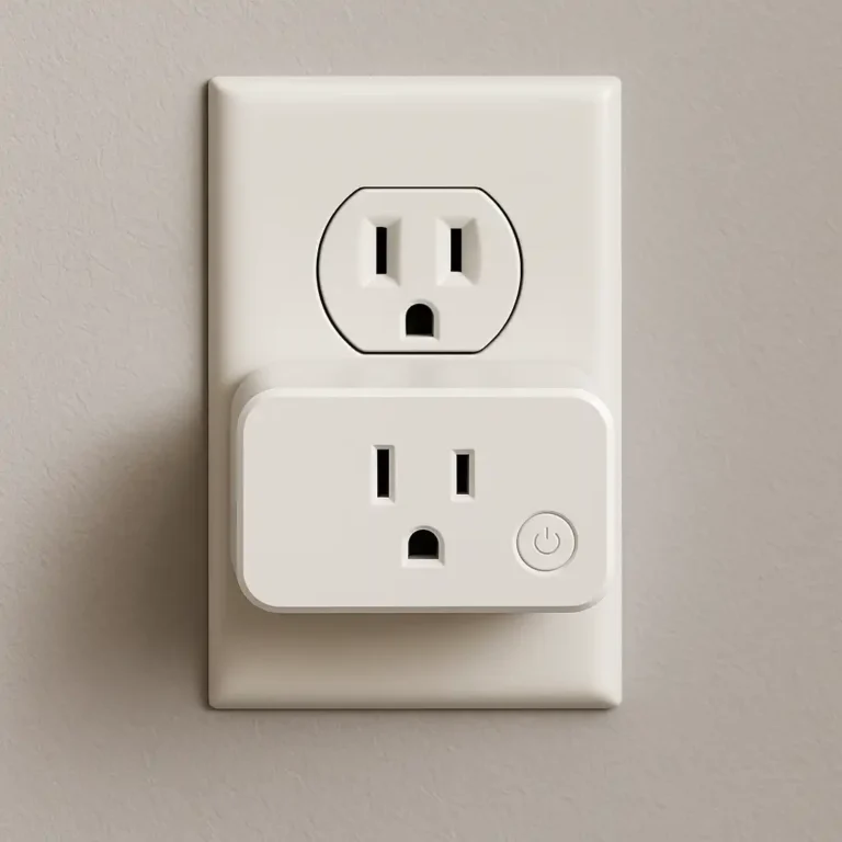 White smart plug plugged into a standard apartment wall outlet, showing a renter-friendly smart home setup.