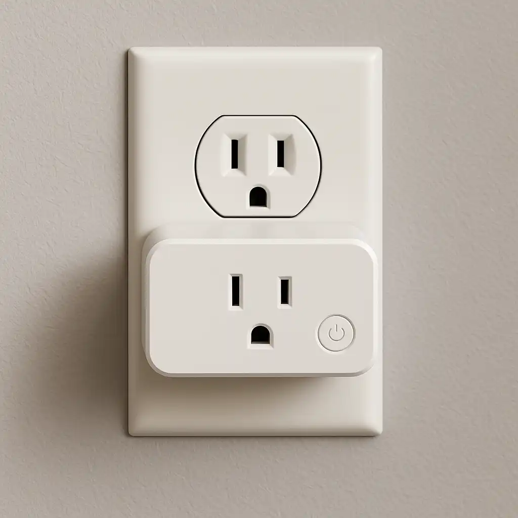 White smart plug plugged into a standard apartment wall outlet, showing a renter-friendly smart home setup.