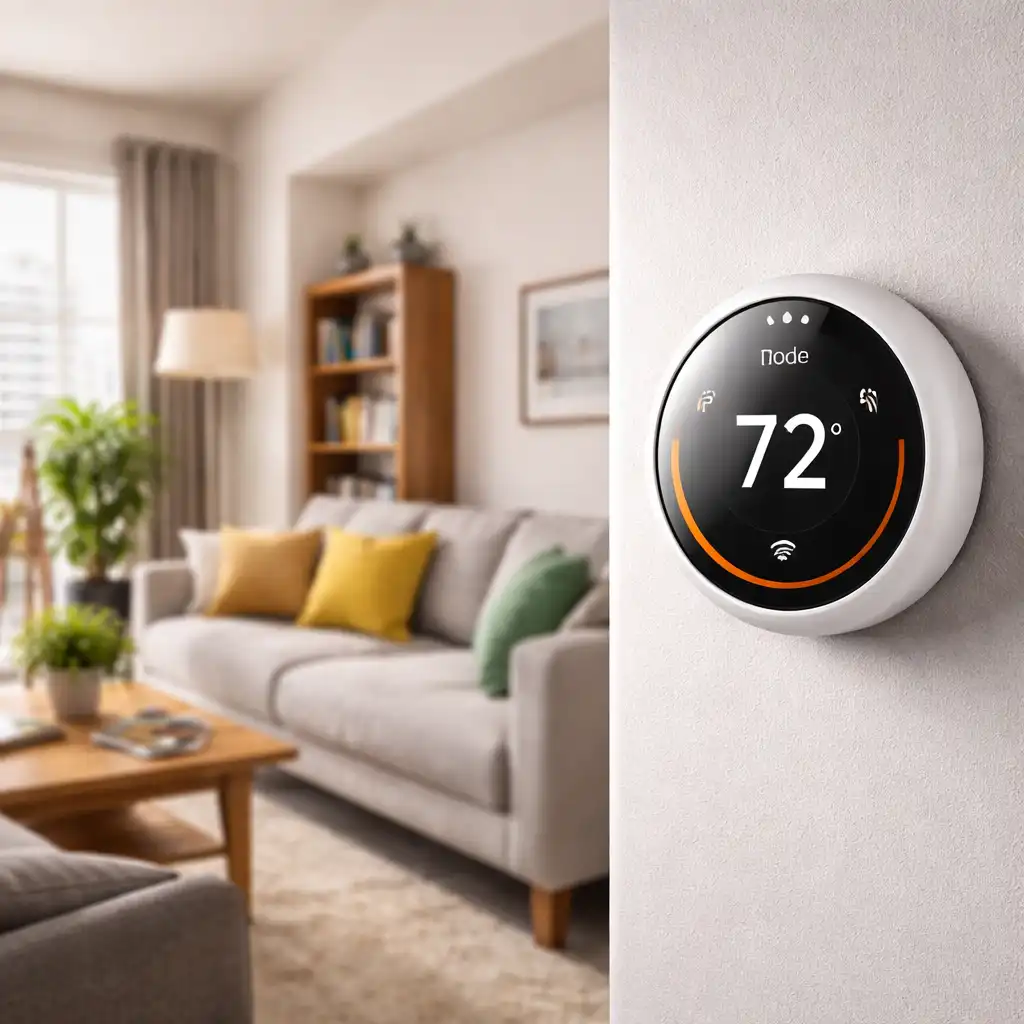 Smart thermostat mounted on an apartment wall with a modern renter-friendly living room in the background.