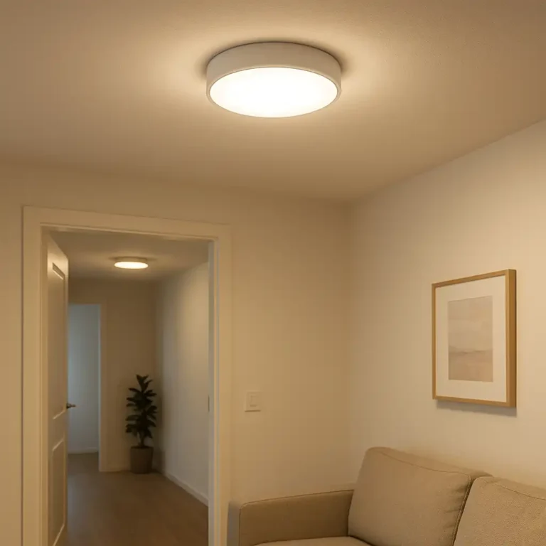 Portable rechargeable ceiling light mounted magnetically in a modern renter-friendly apartment.