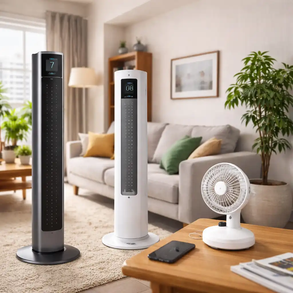Smart tower fans and a portable desk fan in a modern apartment living room, showing renter-friendly cooling with no installation required.